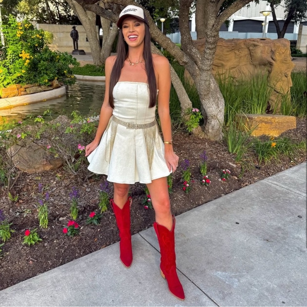 Cream Strapless Denim Dress